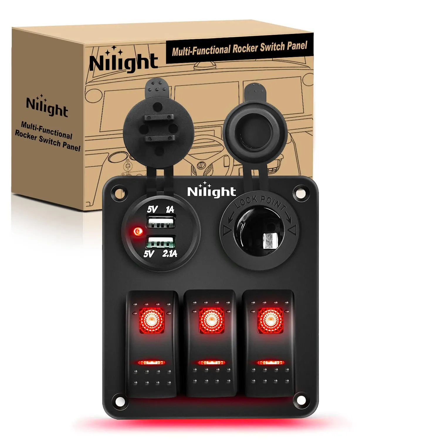 Nilight ３ Gang Rocker Switch Panel with USB Charger and Cigar Lighter Red Night Glow Stickers12V 24V Toggle ON Off for Cars Rvs Trucks