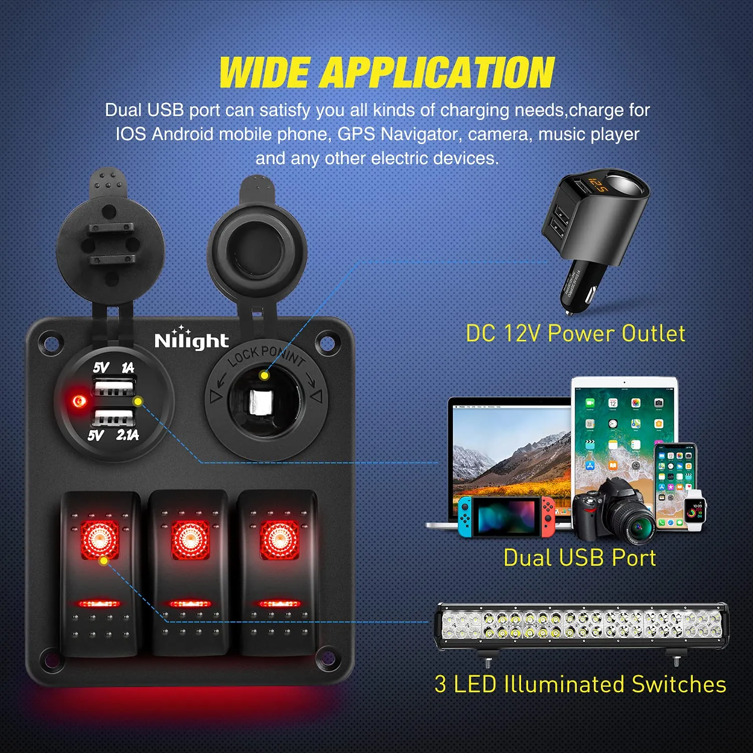 Nilight ３ Gang Rocker Switch Panel with USB Charger and Cigar Lighter Red Night Glow Stickers12V 24V Toggle ON Off for Cars Rvs Trucks