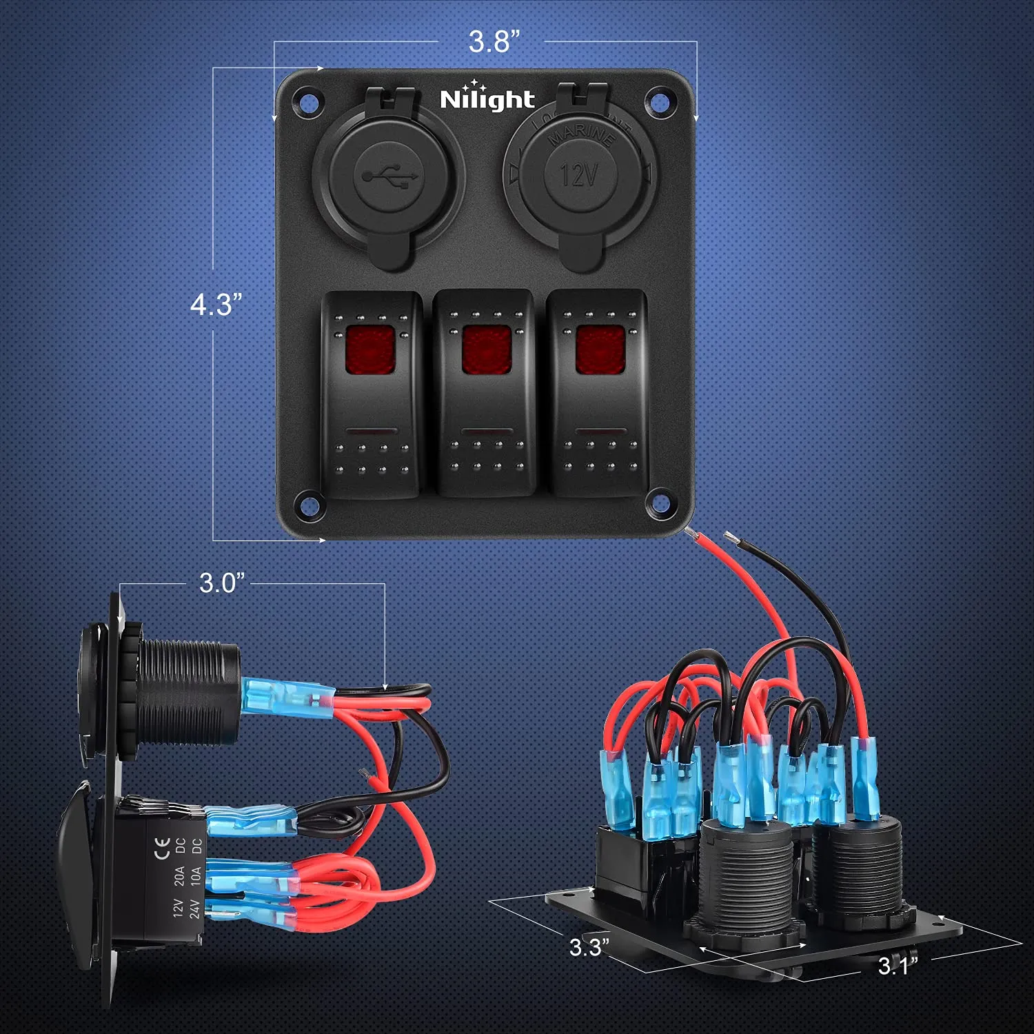 Nilight ３ Gang Rocker Switch Panel with USB Charger and Cigar Lighter Red Night Glow Stickers12V 24V Toggle ON Off for Cars Rvs Trucks