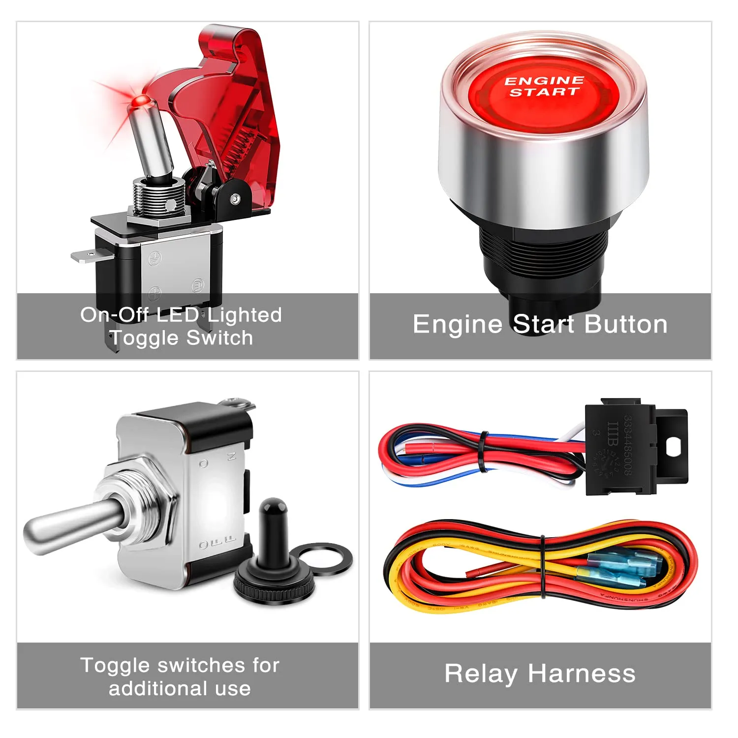 Nilight Ignition Rocker Switch Panel 12V 4 in 1 with Engine Push Button Toggle Switches with Relay Wiring Harness LED for RV Truck Racing Car Boat Marine Trailer