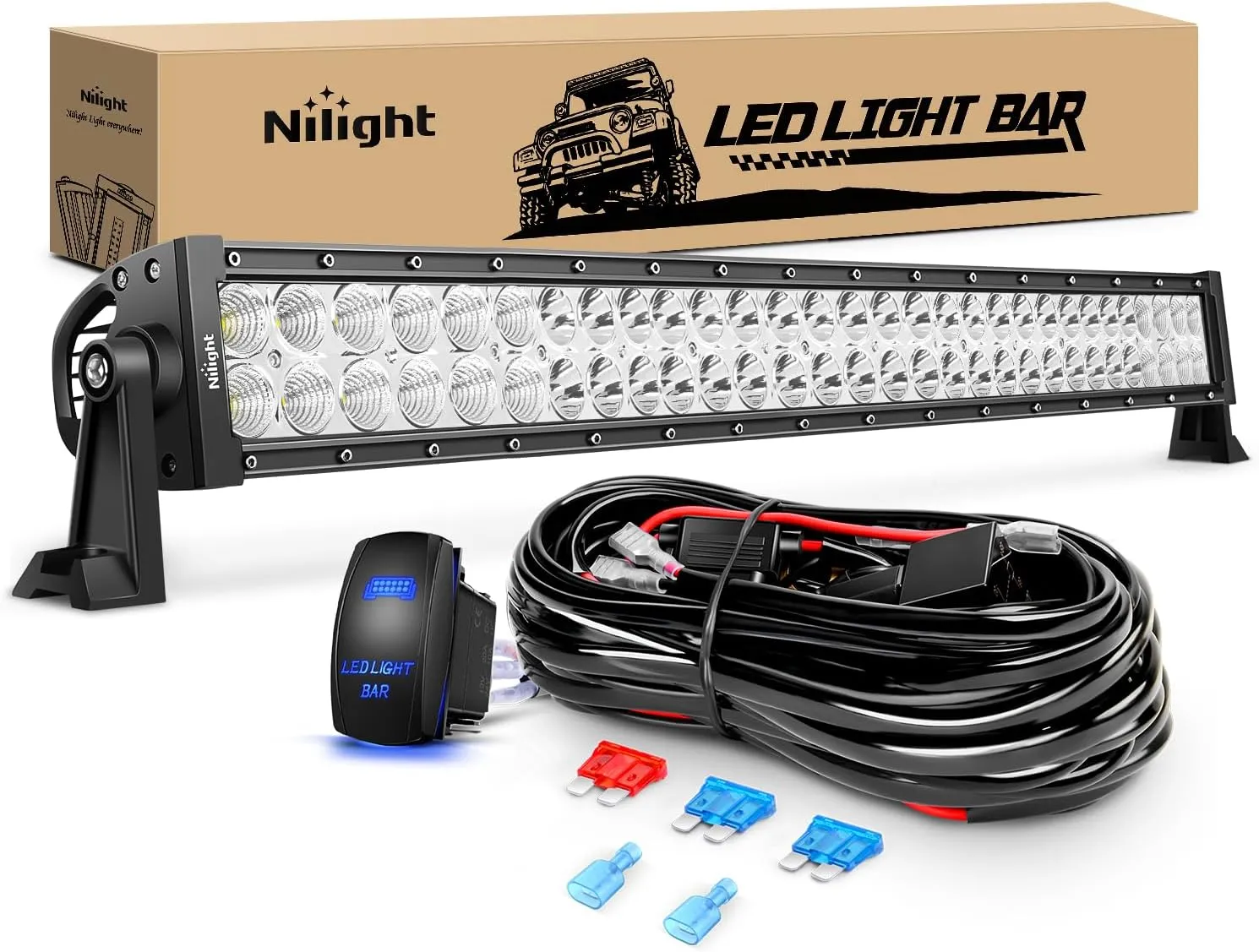 Nilight LED Light Bar 32Inch 180W Spot Flood Combo Led Off Road Lights 12V 5Pin Rocker Switch LED Light Bar Wiring Harness Kit, 2 Years Warranty (ZH079), Clear,White