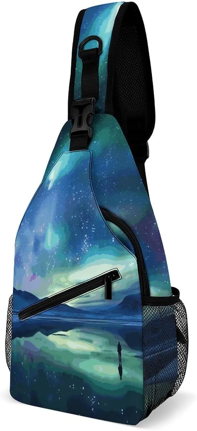 Northern Lights Sling Bag with Rfid Blocking Causal Mens Crossbody Bag Lightweight Chest Pack Large Man Purse Travel Crossbody Backpack Shoulder Sling Backpack for Hiking Running Cycling
