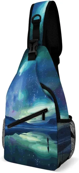 Northern Lights Sling Bag with Rfid Blocking Causal Mens Crossbody Bag Lightweight Chest Pack Large Man Purse Travel Crossbody Backpack Shoulder Sling Backpack for Hiking Running Cycling