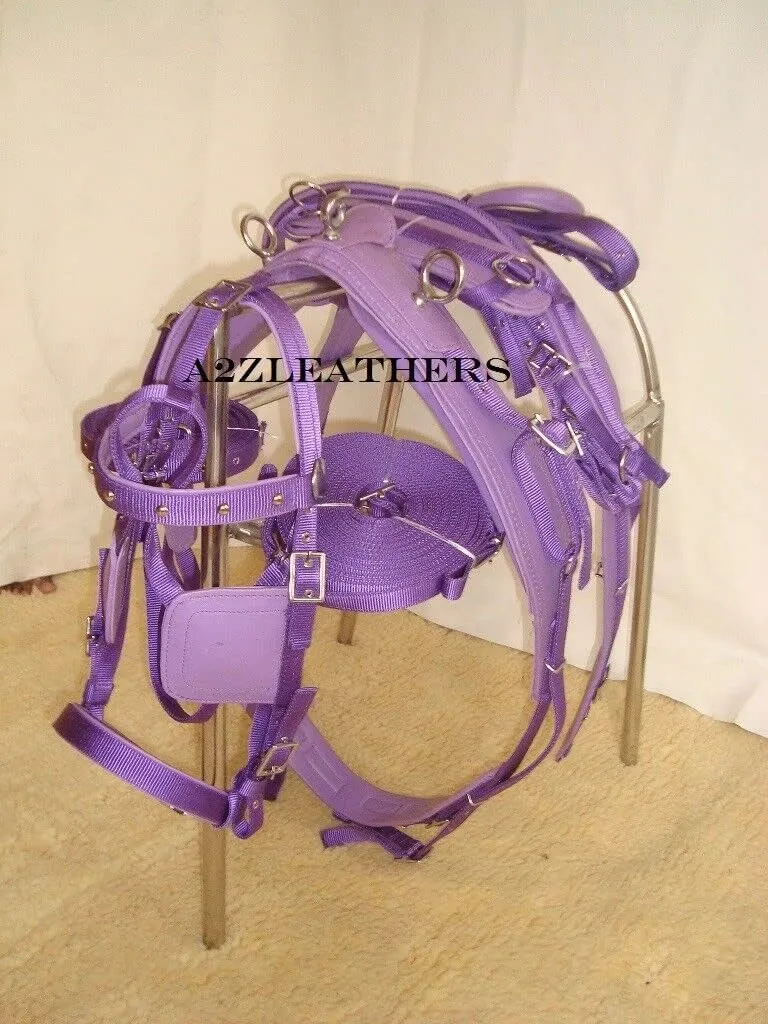 Nylon Driving Harness for Horse Cart, Heart Shaped Studd & Sparkling Stones on Browband (Full, Cob, Pony, Shetland & Mini) (Purple) (Mini)