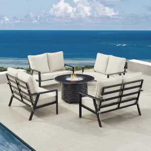 Oakland Living Black Aluminum Patio Fire Table Set with Four Deep Seating Loveseats with Cushions with Light Grey Cushions
