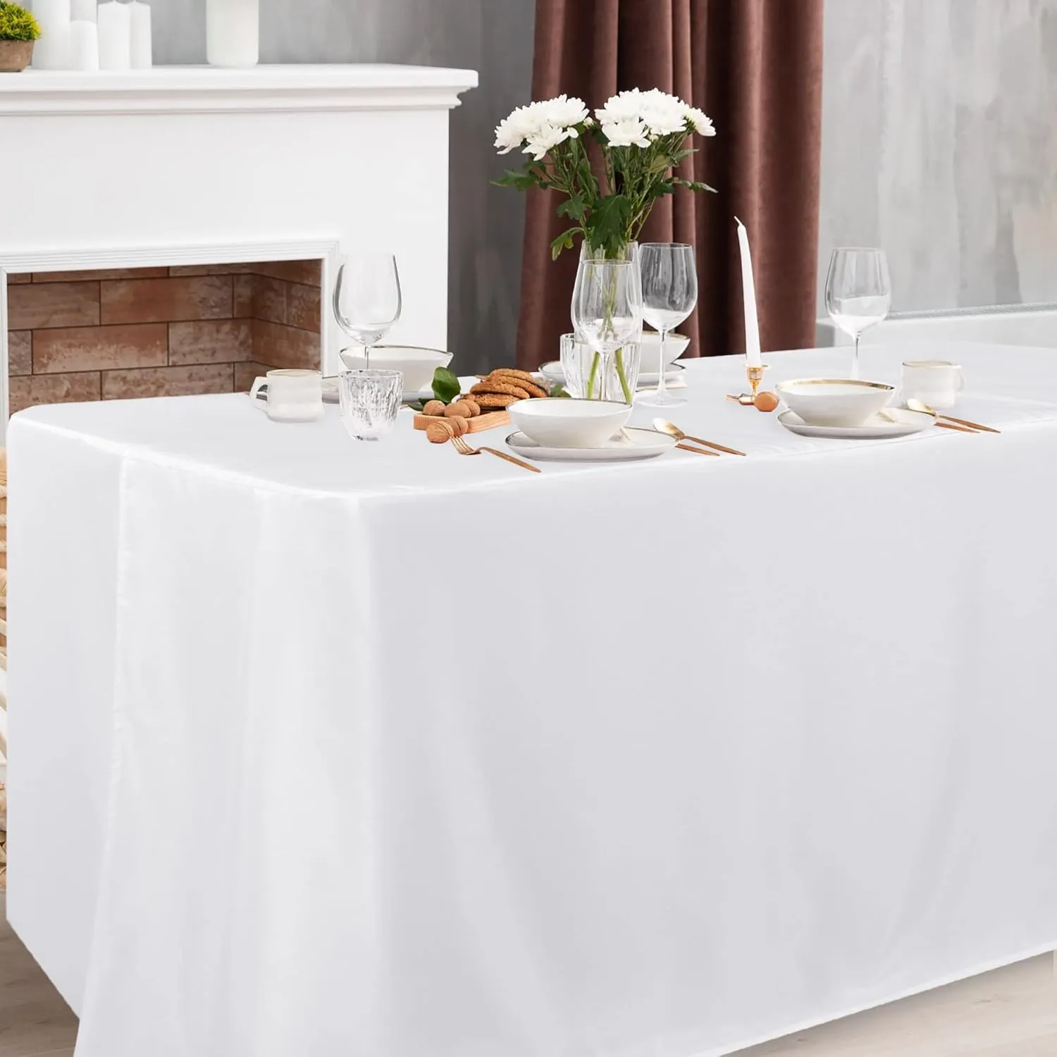 Obstal 4 Pack White Tablecloth Fitted Table Clothes for 6 Foot Rectangle Tables - Water Resistant Washable Fabric Polyester Rectangle Table Cover for Outdoor/Indoor Uses?72L x 30W x 30H Inches, White?