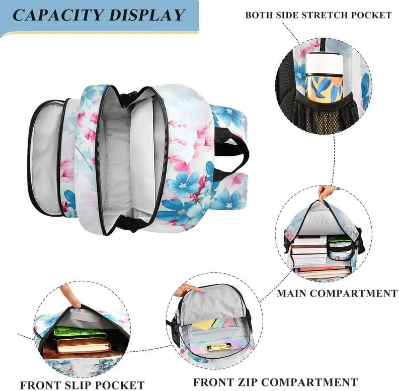 ODAWA Blue White Flowers Bakcpack Bookbags with Adjustable Padded Straps Girls Boys Backpack, 17 Inch