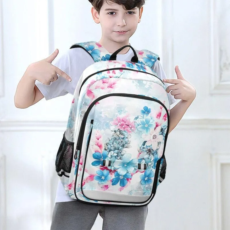 ODAWA Blue White Flowers Bakcpack Bookbags with Adjustable Padded Straps Girls Boys Backpack, 17 Inch