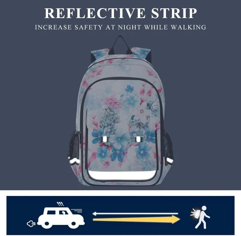 ODAWA Blue White Flowers Bakcpack Bookbags with Adjustable Padded Straps Girls Boys Backpack, 17 Inch