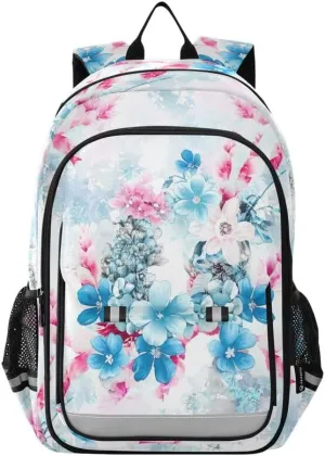 ODAWA Blue White Flowers Bakcpack Bookbags with Adjustable Padded Straps Girls Boys Backpack, 17 Inch
