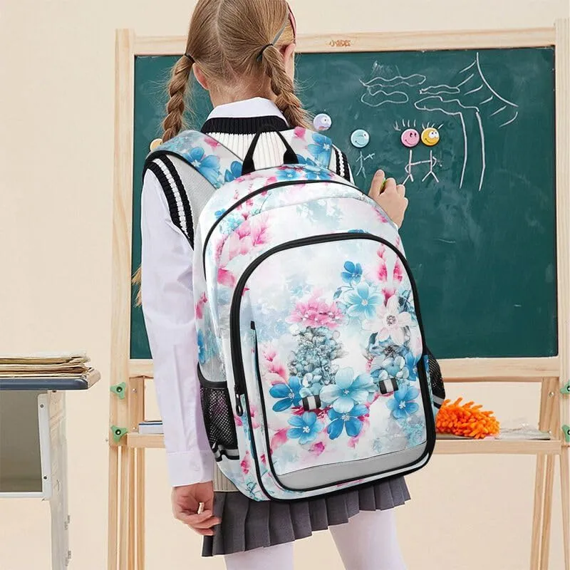 ODAWA Blue White Flowers Bakcpack Bookbags with Adjustable Padded Straps Girls Boys Backpack, 17 Inch