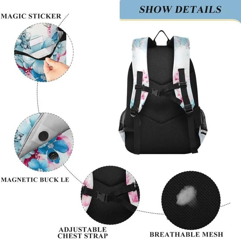 ODAWA Blue White Flowers Bakcpack Bookbags with Adjustable Padded Straps Girls Boys Backpack, 17 Inch