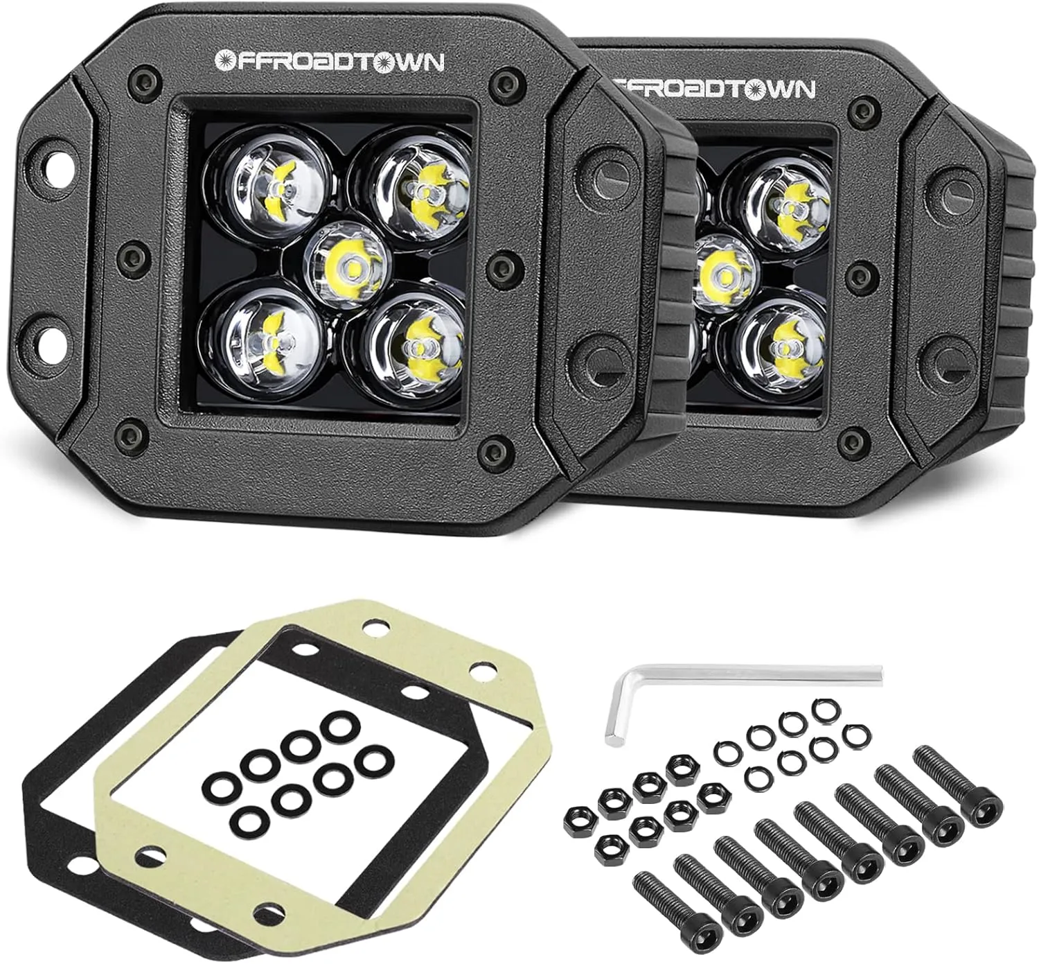 OFFROADTOWN 2PCS 100W 5 Inch CREE LED Pods, Spot Beam, Flush Mount, Waterproof Bumper Lights for Trucks UTV ATV Off Road Boat