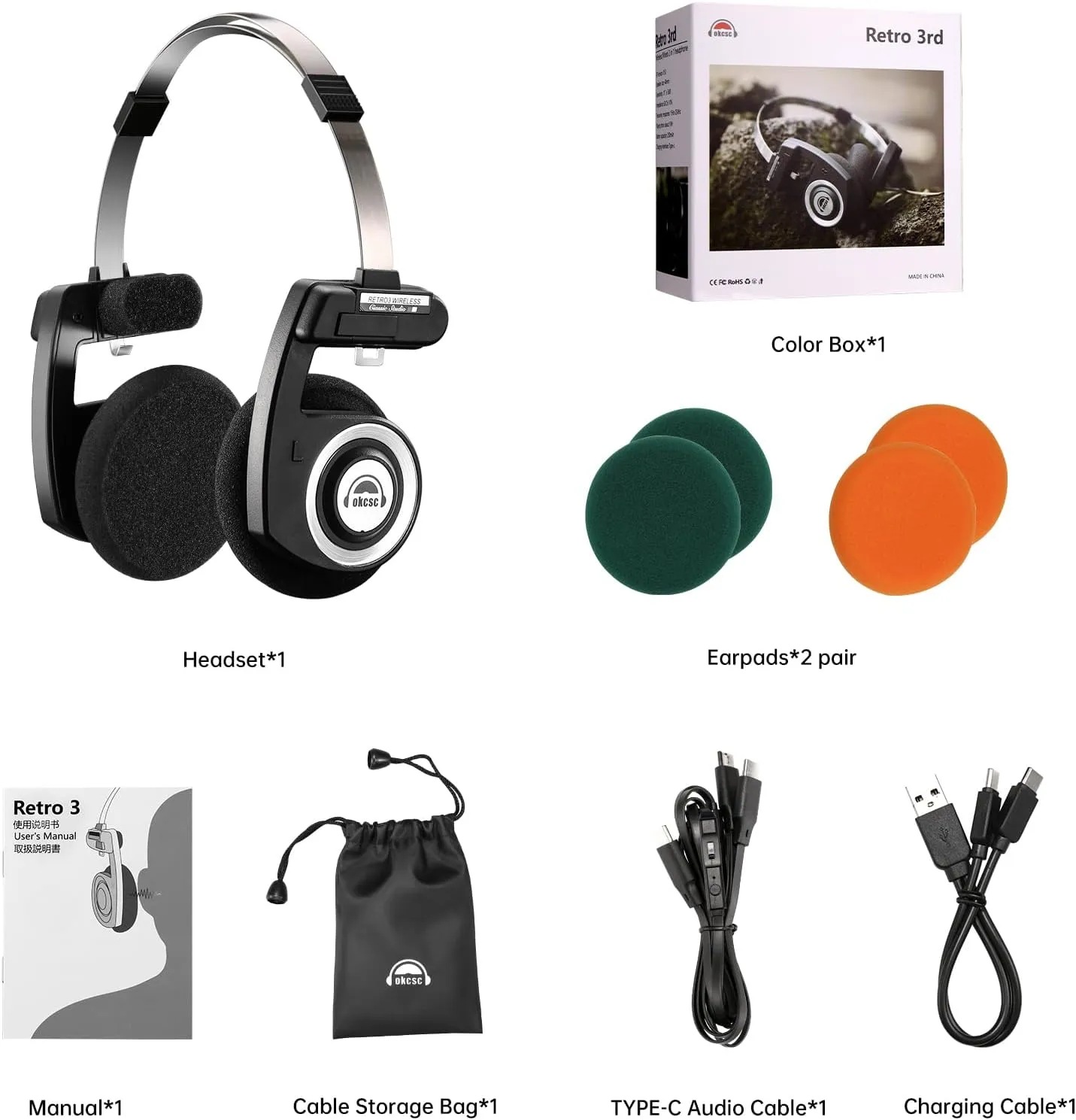 okcsc Classic On-Ear Headphones, Retro Style, BT Wireless Retro Headphones, Ultra Lightweight Retro Headsts/Bullt-in Mic/40mm Class Composite Film/BT 5.3 & Wired Two Connection Modes, BT/Black