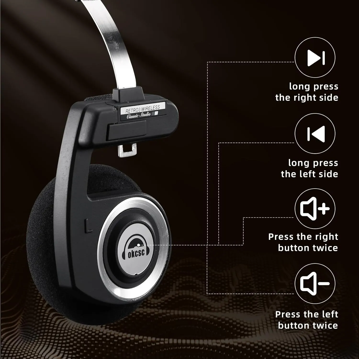 okcsc Classic On-Ear Headphones, Retro Style, BT Wireless Retro Headphones, Ultra Lightweight Retro Headsts/Bullt-in Mic/40mm Class Composite Film/BT 5.3 & Wired Two Connection Modes, BT/Black