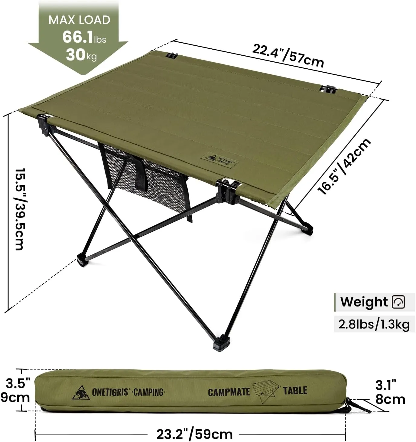 ONETIGRIS CAMPMATE Camping Table, Lightweight Folding Table Sturdy & Quick Setup, Holds Up to 66 lbs, Perfect for Camping, Hiking, Backpacking, Picnic, Beach, Travel (Ranger Green)