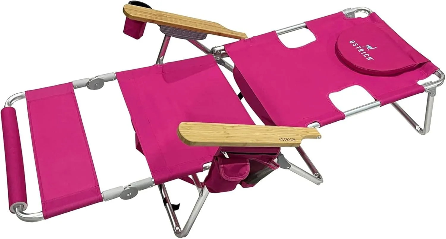 Ostrich Woody 3N1 Beach Chair with Cooler Bag - Face Opening - Portable, Reclining Lounger for Tanning - Face Hole for Reading on Stomach - Adjustable Footrest, Carry Straps - Aluminum (Pink)