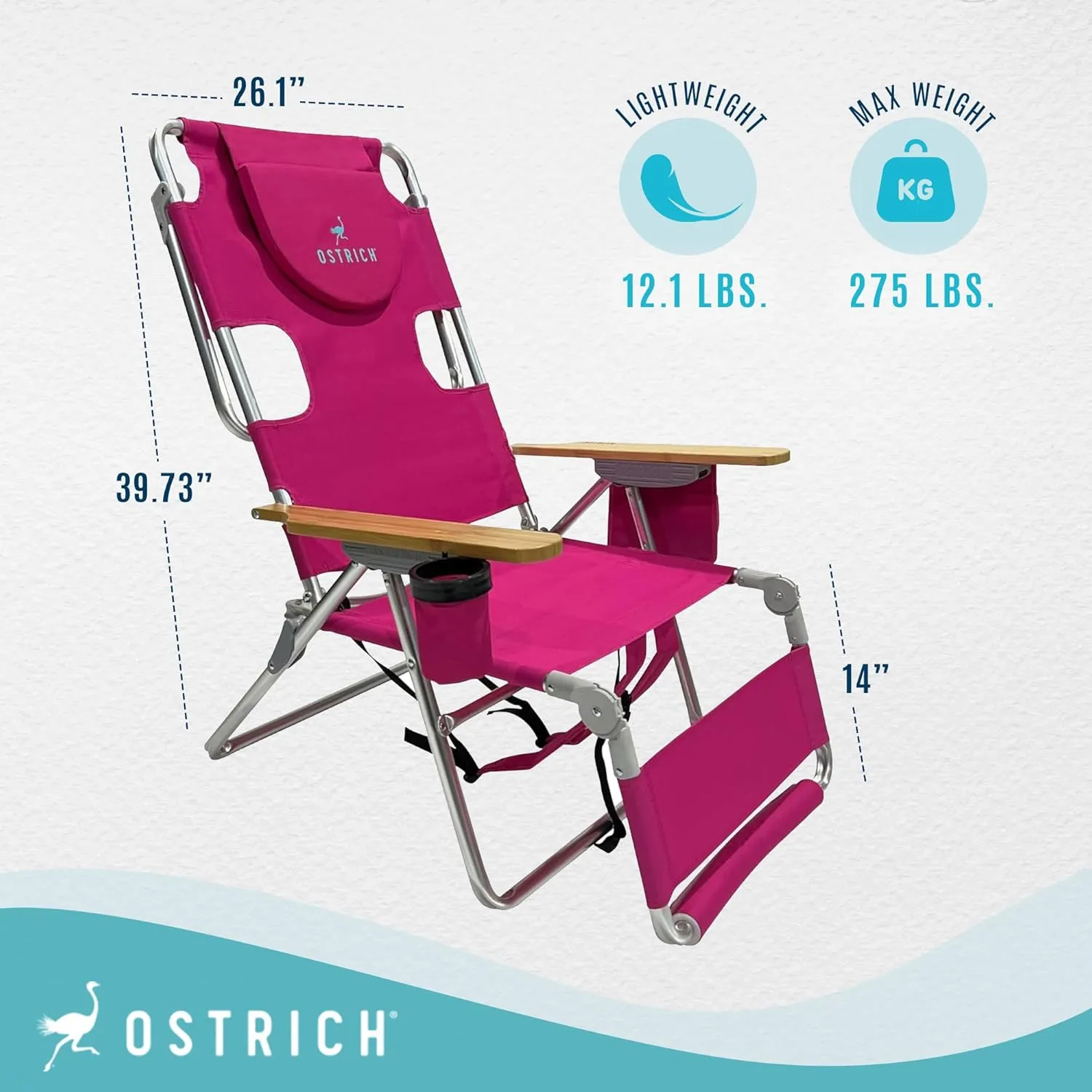 Ostrich Woody 3N1 Beach Chair with Cooler Bag - Face Opening - Portable, Reclining Lounger for Tanning - Face Hole for Reading on Stomach - Adjustable Footrest, Carry Straps - Aluminum (Pink)