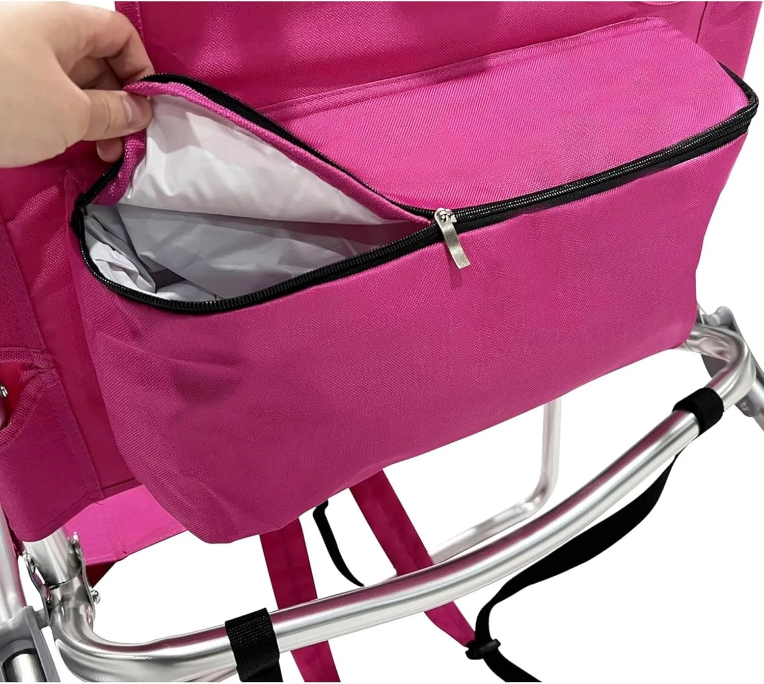 Ostrich Woody 3N1 Beach Chair with Cooler Bag - Face Opening - Portable, Reclining Lounger for Tanning - Face Hole for Reading on Stomach - Adjustable Footrest, Carry Straps - Aluminum (Pink)
