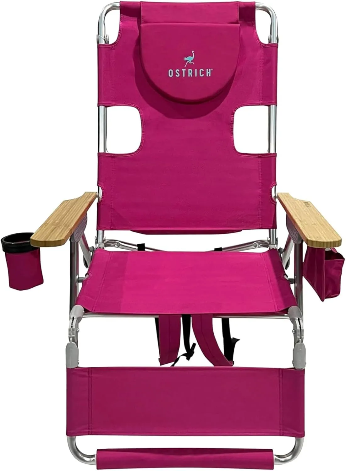 Ostrich Woody 3N1 Beach Chair with Cooler Bag - Face Opening - Portable, Reclining Lounger for Tanning - Face Hole for Reading on Stomach - Adjustable Footrest, Carry Straps - Aluminum (Pink)
