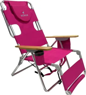 Ostrich Woody 3N1 Beach Chair with Cooler Bag - Face Opening - Portable, Reclining Lounger for Tanning - Face Hole for Reading on Stomach - Adjustable Footrest, Carry Straps - Aluminum (Pink)