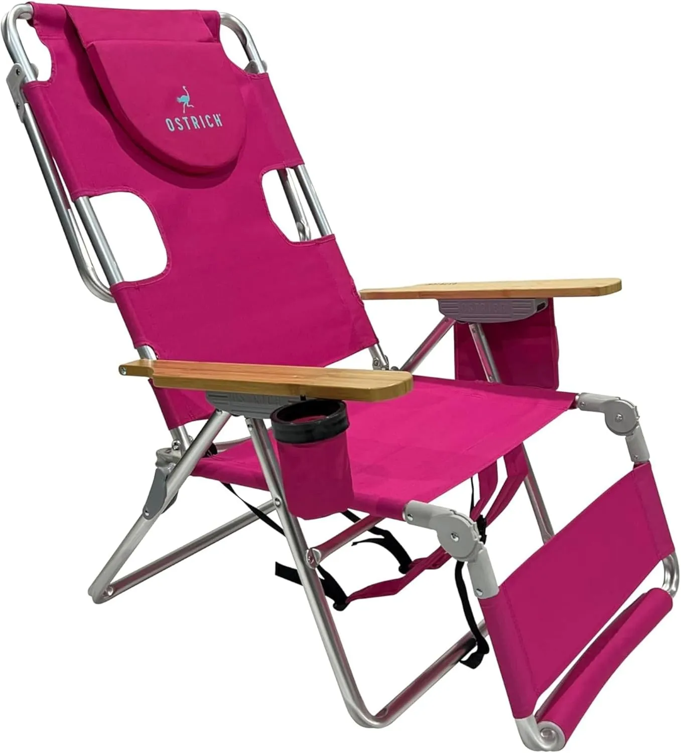 Ostrich Woody 3N1 Beach Chair with Cooler Bag - Face Opening - Portable, Reclining Lounger for Tanning - Face Hole for Reading on Stomach - Adjustable Footrest, Carry Straps - Aluminum (Pink)