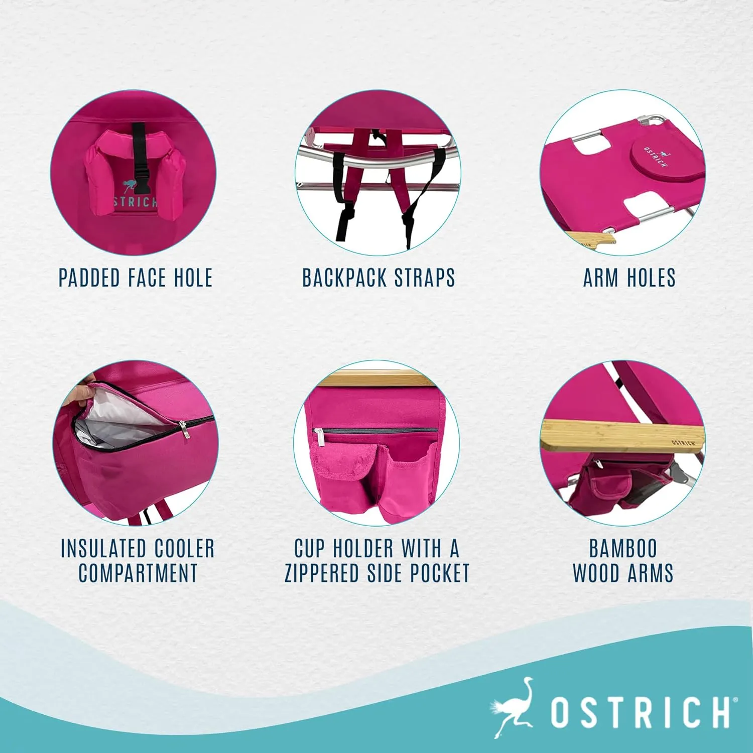 Ostrich Woody 3N1 Beach Chair with Cooler Bag - Face Opening - Portable, Reclining Lounger for Tanning - Face Hole for Reading on Stomach - Adjustable Footrest, Carry Straps - Aluminum (Pink)