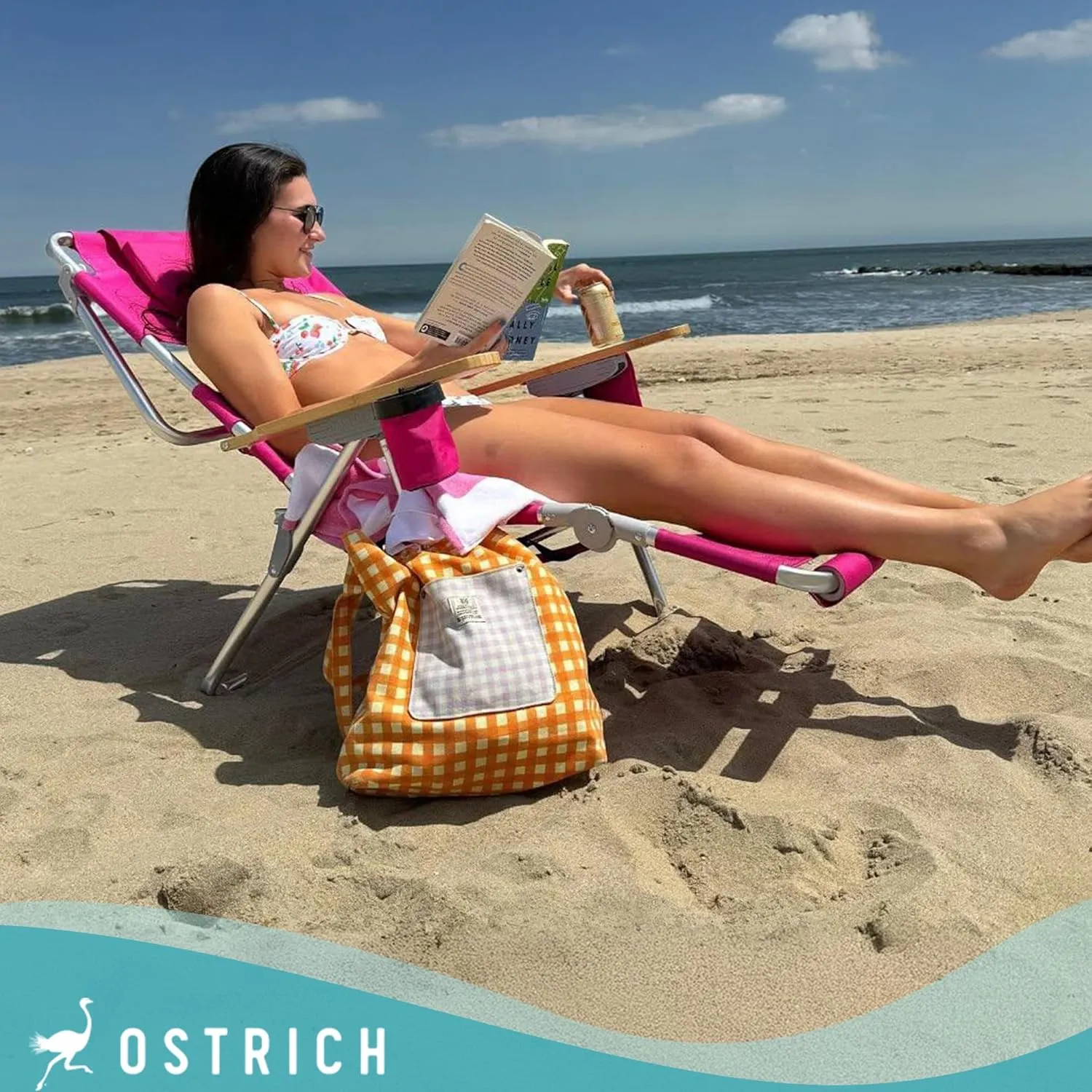 Ostrich Woody 3N1 Beach Chair with Cooler Bag - Face Opening - Portable, Reclining Lounger for Tanning - Face Hole for Reading on Stomach - Adjustable Footrest, Carry Straps - Aluminum (Pink)