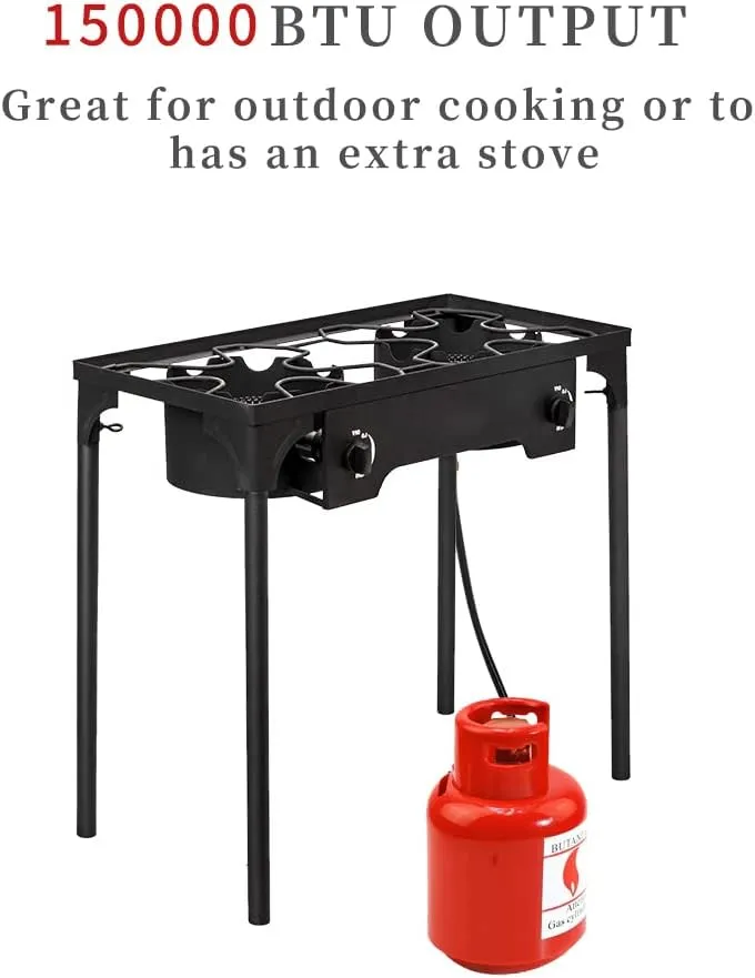 Outdoor Camping Stove,Double Burner Propane Gas Cooker with Detachable Legs, CSA Certified, 0-20 PSI Regulator,Iron Patio Cooking Burner, 150000-BTU for Camping Parties