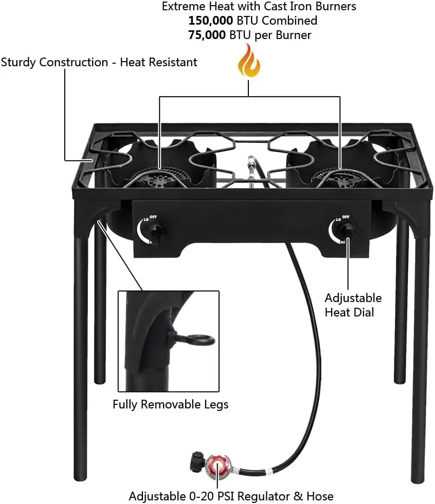 Outdoor Camping Stove,Double Burner Propane Gas Cooker with Detachable Legs, CSA Certified, 0-20 PSI Regulator,Iron Patio Cooking Burner, 150000-BTU for Camping Parties