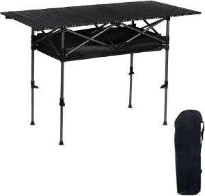 Outdoor Folding Camping Table, Adjustable Height Portable Beach Tables with Storage Mesh, Travel Camp Table with Roll Up Table Top & Carry Bag for Picnic BBQ Backyard