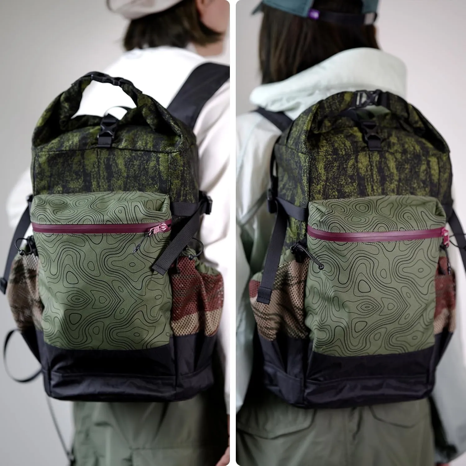 Outdoor Green Topographic Map Backpack, Expandable, Lightweight 17L Hiking Daypack with Multi-Pockets & Adjustable Anti-Slip Straps Bag for Outdoor Travel