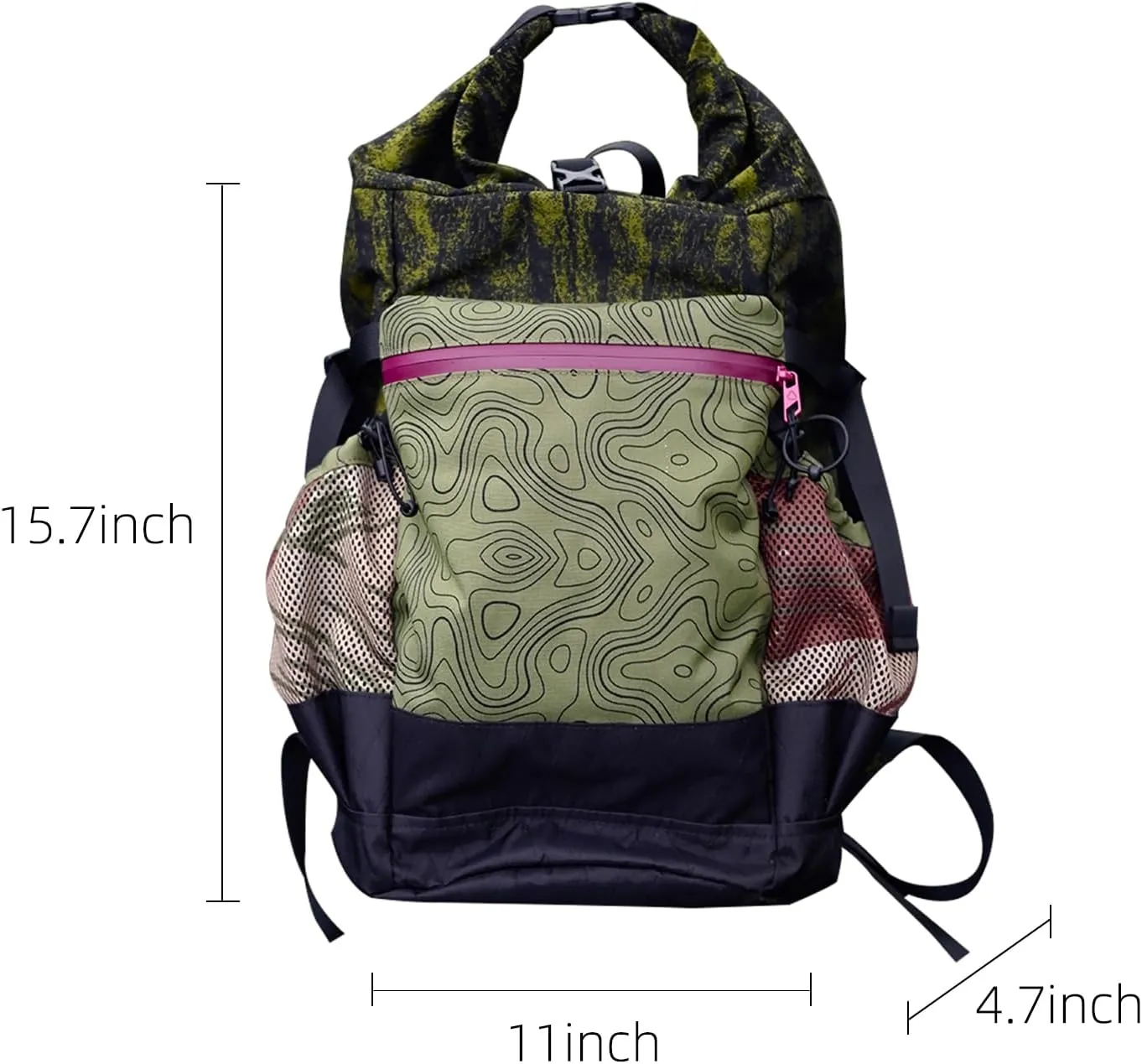 Outdoor Green Topographic Map Backpack, Expandable, Lightweight 17L Hiking Daypack with Multi-Pockets & Adjustable Anti-Slip Straps Bag for Outdoor Travel