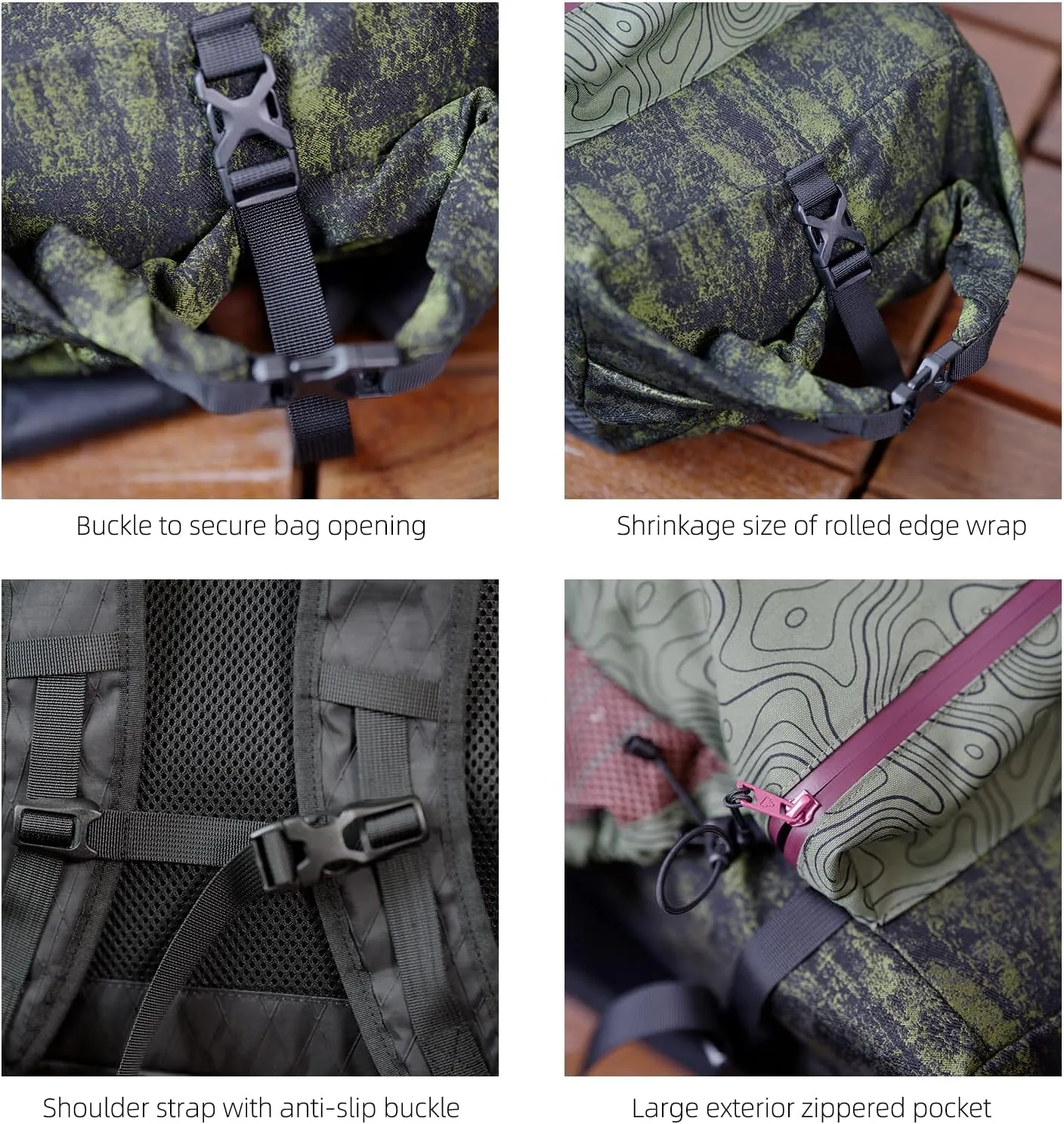 Outdoor Green Topographic Map Backpack, Expandable, Lightweight 17L Hiking Daypack with Multi-Pockets & Adjustable Anti-Slip Straps Bag for Outdoor Travel