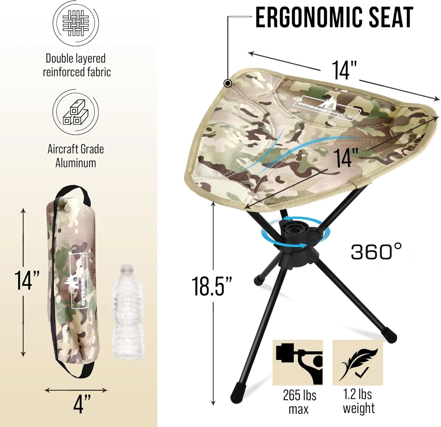 Outdoor Originals 360° Rotating Camping Stool | Compact, Portable, Lightweight, Foldable | Great for Camping, Fishing, Hunting, Sports Games, Outdoor Travel Gear | 360 Swivel Stool