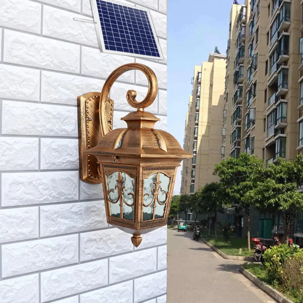 Outdoor Solar Wall Sconce - Lantern Shaped LED Wall Lamp Fixture with Traditional Clear Glass Design