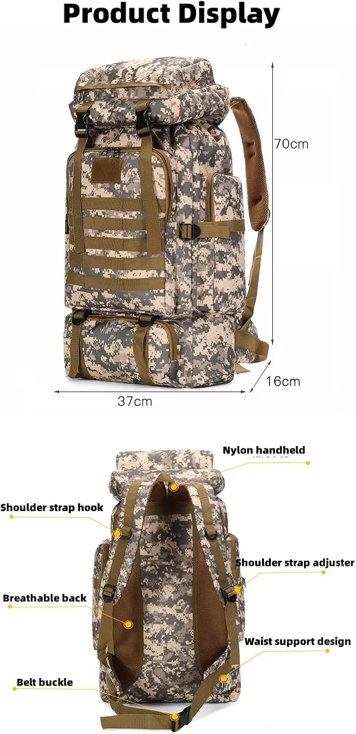 Outdoor Sports Hiking Backpack 80L Large Capacity Waterproof Camouflage Mountaineering Bag Casual Tactical Backpack (khaki)
