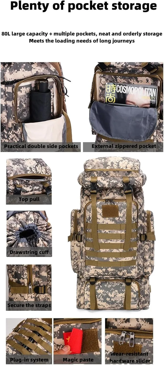 Outdoor Sports Hiking Backpack 80L Large Capacity Waterproof Camouflage Mountaineering Bag Casual Tactical Backpack (khaki)