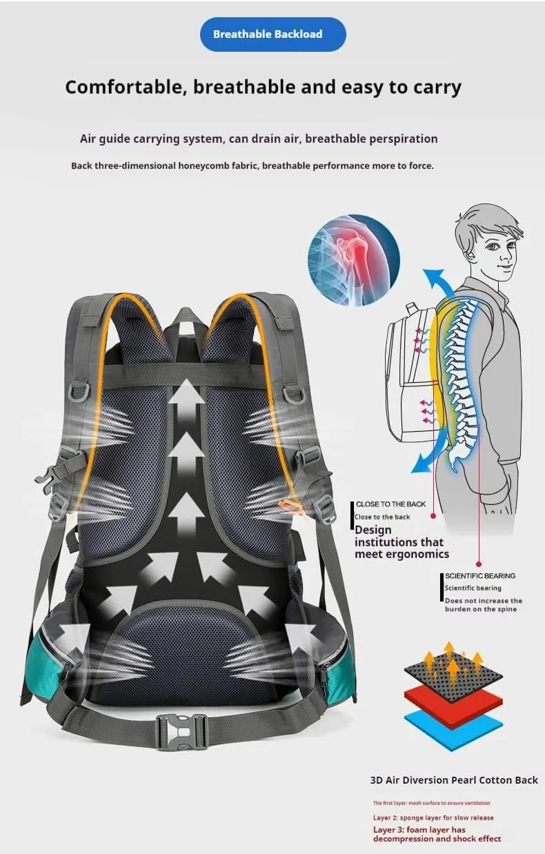 Outdoor travel backpack, hiking, long journey, camping large-capacity mountaineering bag, fitness, basketball sports backpack (Black with gray)