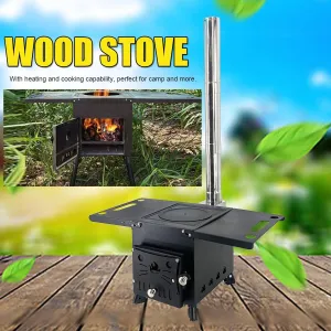 Outdoor Wood Stove, Carbon Steel Material Top Platform, Portable Camping Stove for Cooking Fishing Tent, Wood Burning Stove with 3 Interlocking Stove Pipes
