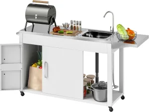 Outsunny Outdoor Grill Table with Stainless Steel Sink and Drainage, Grill Cart with Foldable Side Table and Cabinet, Outdoor Kitchen Island with Wheels, White