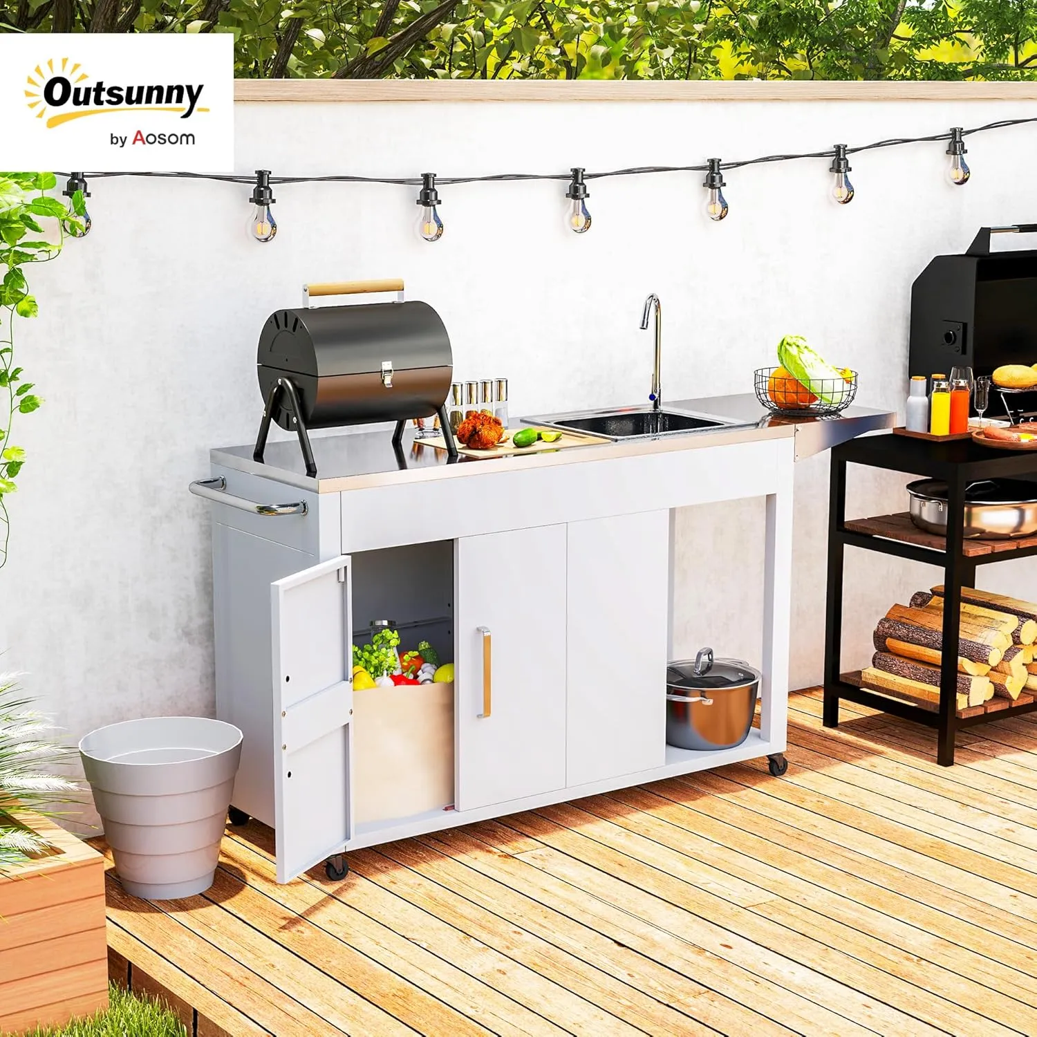 Outsunny Outdoor Grill Table with Stainless Steel Sink and Drainage, Grill Cart with Foldable Side Table and Cabinet, Outdoor Kitchen Island with Wheels, White