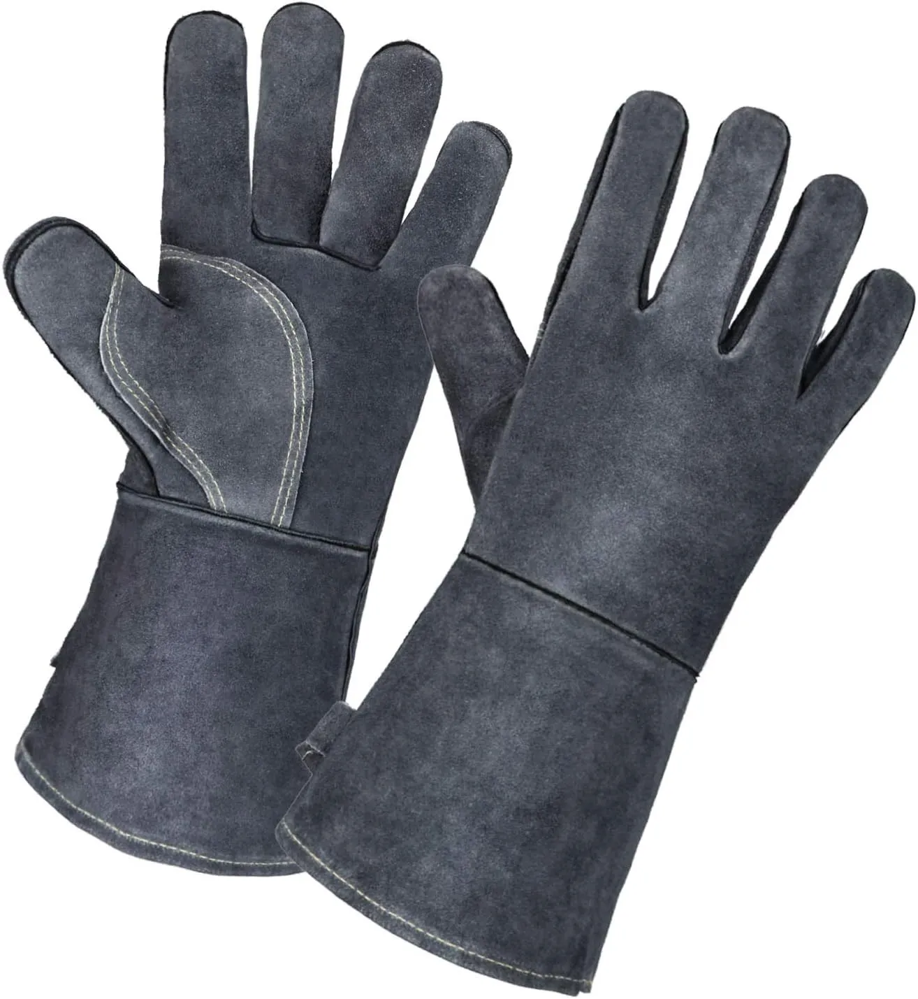 OZERO 932℉ Forge Welding Gloves 14-inch Heat Resistant Leather Grill BBQ Glove with Flame Retardant Long Sleeve and Insulated Lining for Men and Women Gray