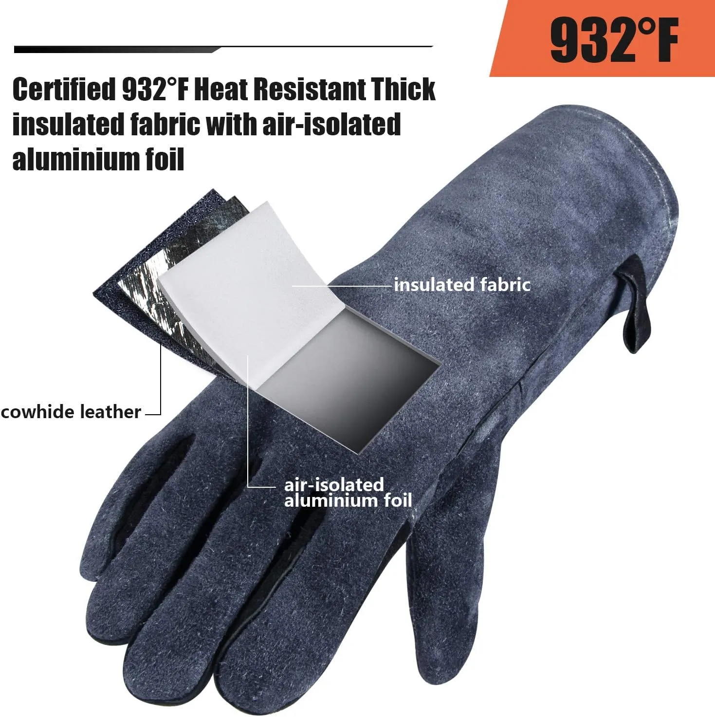 OZERO 932℉ Forge Welding Gloves 14-inch Heat Resistant Leather Grill BBQ Glove with Flame Retardant Long Sleeve and Insulated Lining for Men and Women Gray