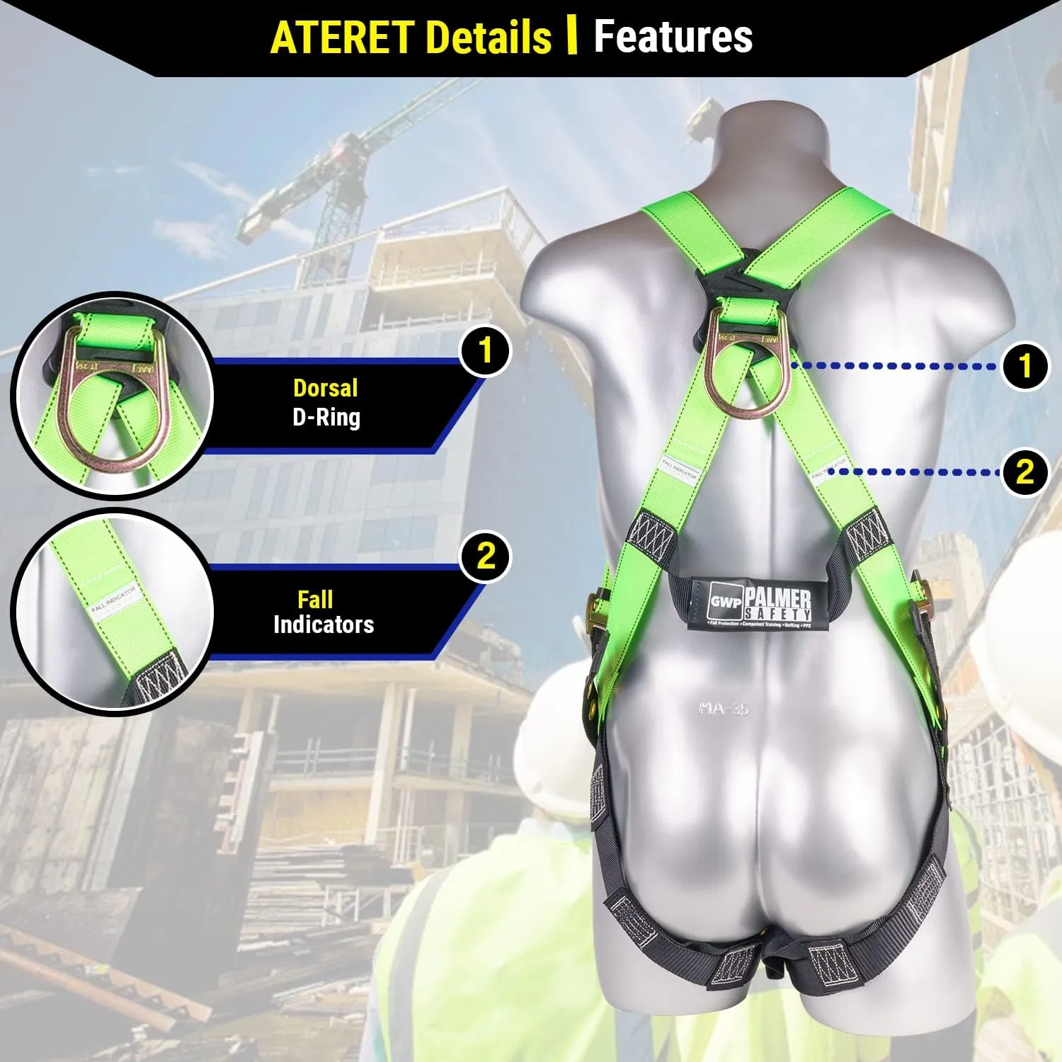 Palmer Safety Construction Harness 5 Point Adjustment, Back D-Ring, Grommet Legs, Multiple Styles I OSHA ANSI Compliant