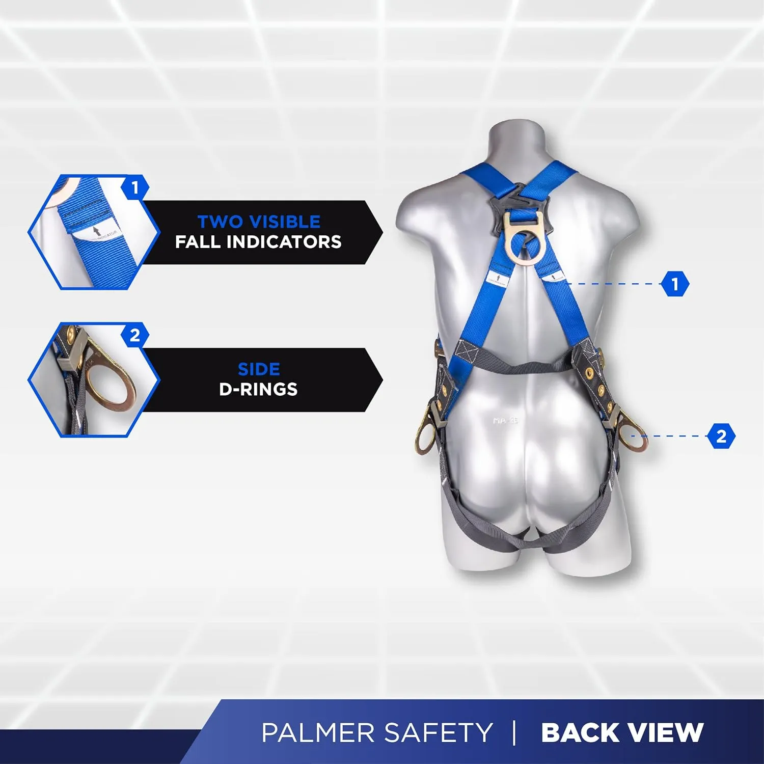 Palmer Safety Full Body Harness 5pt Adjustment, 3D-Ring, Grommet Legs, and Fall Indicators