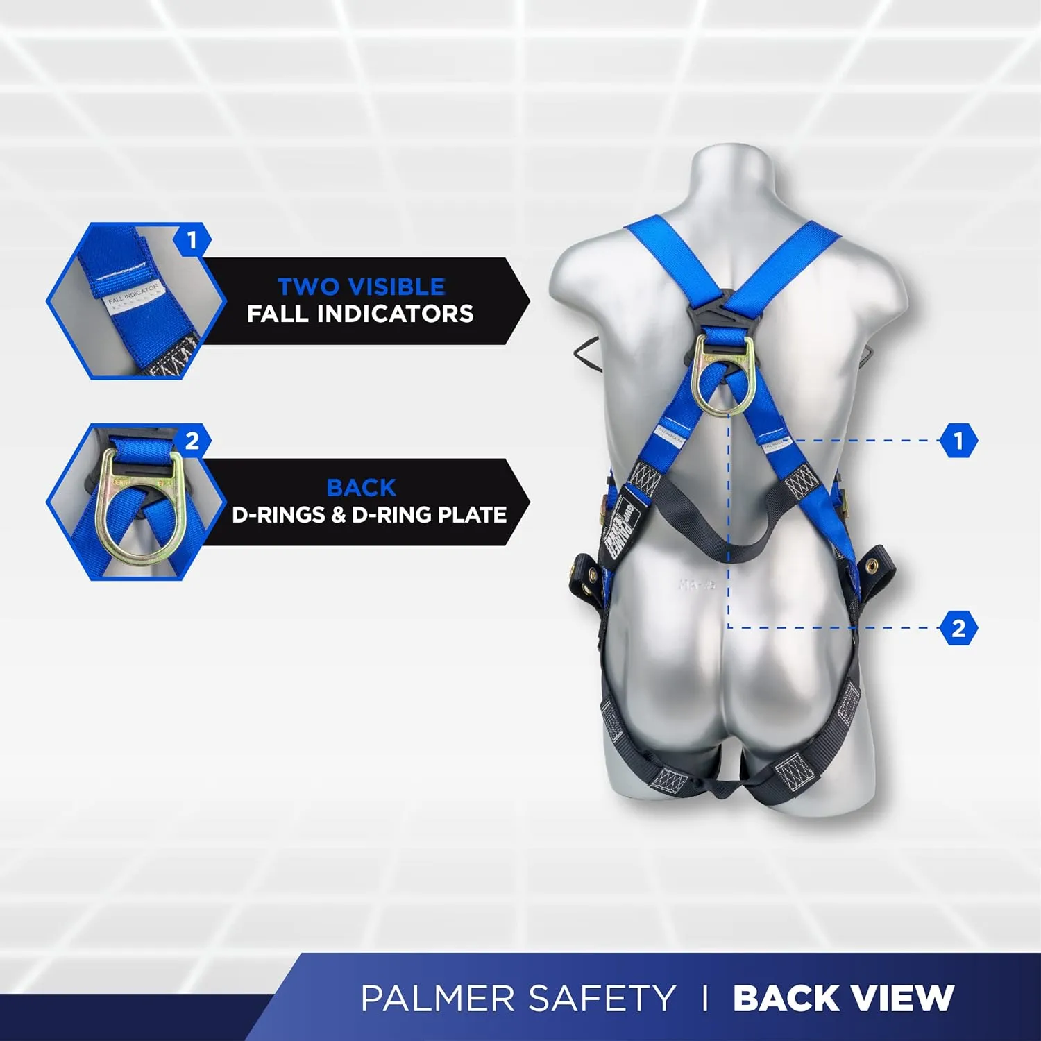 Palmer Safety Full Body Harness 5pt Adjustment, Front & Back D-Ring, Grommet Legs, and Fall Indicators