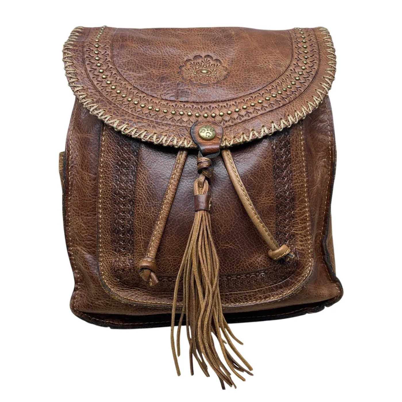 Patricia Nash Brown Embossed Leather Backpack Tassel & Decorative Stitching Sz M