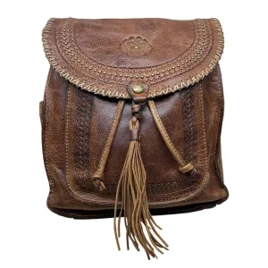 Patricia Nash Brown Embossed Leather Backpack Tassel & Decorative Stitching Sz M