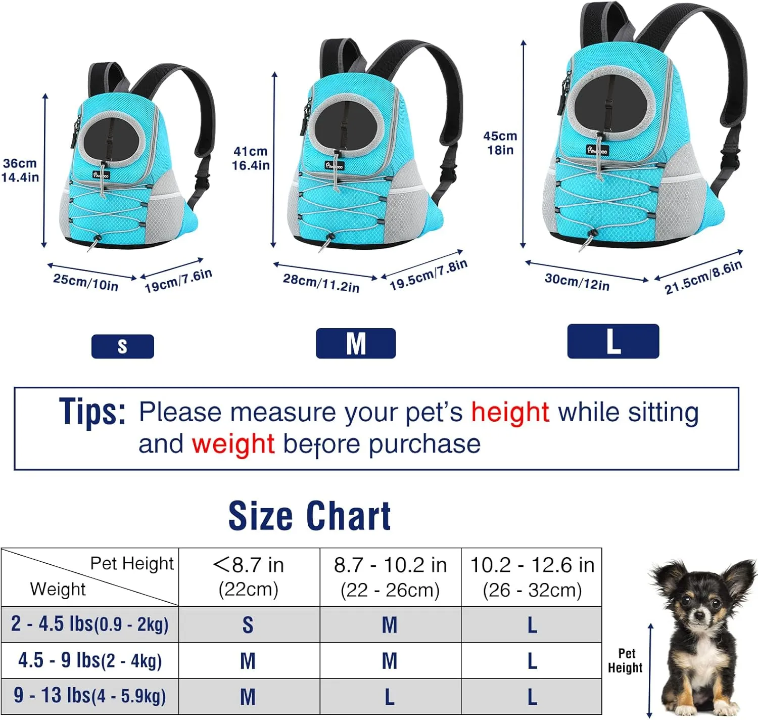 Pawaboo Pet Dog Carrier Backpack, Puppy Dog Travel Front Carrier for Small Medium Dogs Cats, Adjustable Breathable Dog Carrying Backpack with Safety Strips for Hiking, Walking (Blue M Up to 10 lbs)